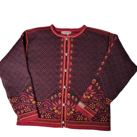 VTG Dale of Norway Wool Cardigan Sweater Medium Red Black Nordic Knit Heritage - Picture 1 of 8